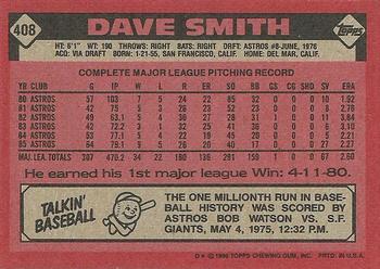 1986 Topps #408 Dave Smith Back