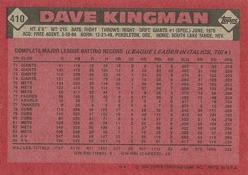 1986 Topps #410 Dave Kingman Back