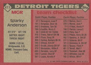 1986 Topps #411 Sparky Anderson Back