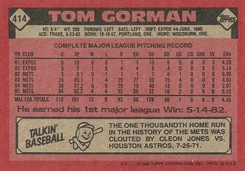 1986 Topps #414 Tom Gorman Back