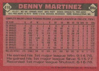 1986 Topps #416 Denny Martinez Back