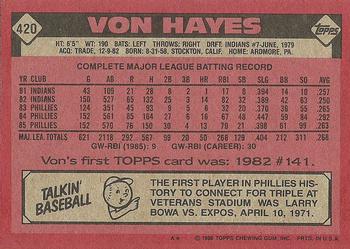 1986 Topps #420 Von Hayes Back