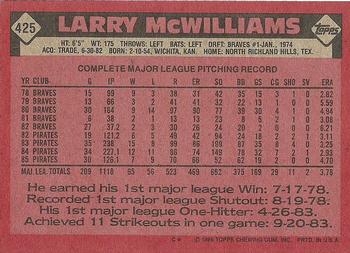 1986 Topps #425 Larry McWilliams Back