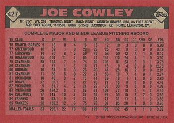 1986 Topps #427 Joe Cowley Back