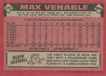 1986 Topps #428 Max Venable Back