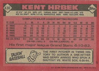 1986 Topps #430 Kent Hrbek Back