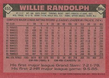 1986 Topps #455 Willie Randolph Back