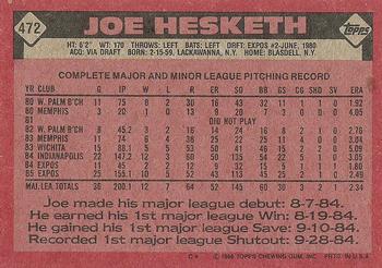 1986 Topps #472 Joe Hesketh Back