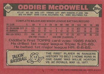 1986 Topps #480 Oddibe McDowell Back