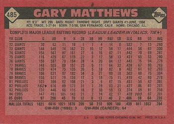 1986 Topps #485 Gary Matthews Back