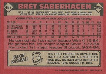1986 Topps #487 Bret Saberhagen Back