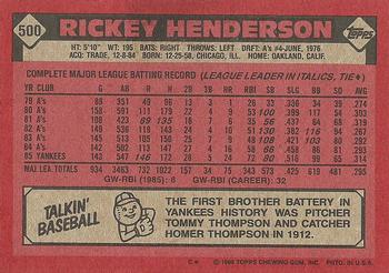1986 Topps #500 Rickey Henderson Back