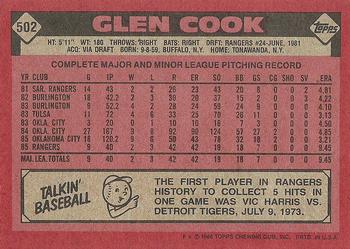 1986 Topps #502 Glen Cook Back