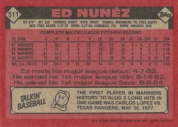 1986 Topps #511 Ed Nunez Back
