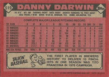 1986 Topps #519 Danny Darwin Back