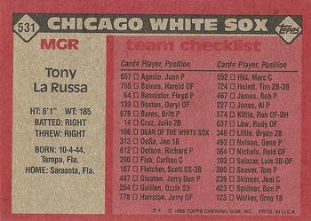 1986 Topps #531 Tony La Russa Back