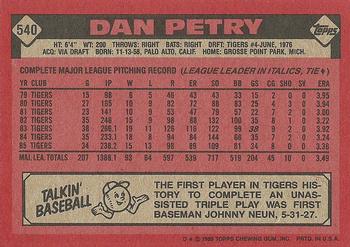 1986 Topps #540 Dan Petry Back