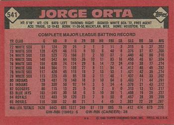 1986 Topps #541 Jorge Orta Back