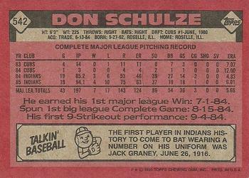 1986 Topps #542 Don Schulze Back