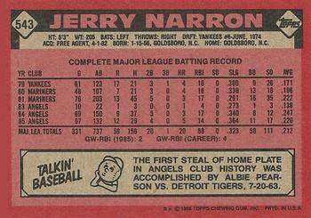 1986 Topps #543 Jerry Narron Back