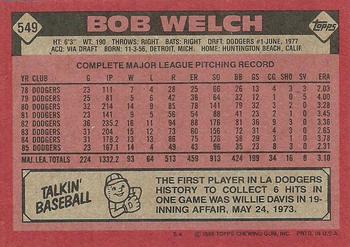 1986 Topps #549 Bob Welch Back