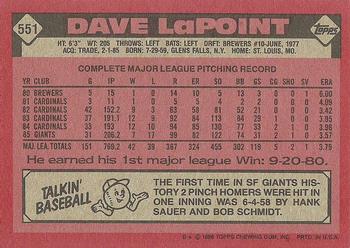 1986 Topps #551 Dave LaPoint Back