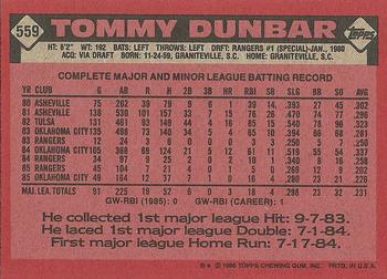 1986 Topps #559 Tommy Dunbar Back