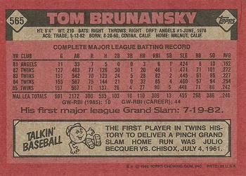 1986 Topps #565 Tom Brunansky Back
