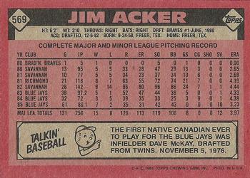 1986 Topps #569 Jim Acker Back