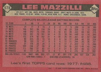 1986 Topps #578 Lee Mazzilli Back