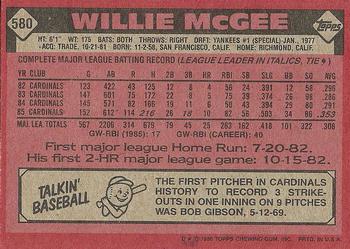 1986 Topps #580 Willie McGee Back