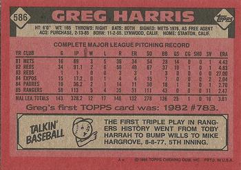 1986 Topps #586 Greg Harris Back