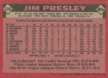 1986 Topps #598 Jim Presley Back