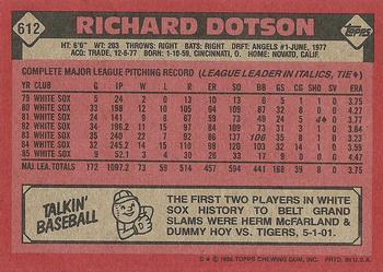 1986 Topps #612 Richard Dotson Back