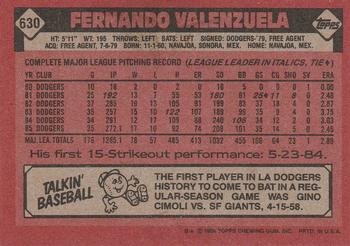 1986 Topps #630 Fernando Valenzuela Back