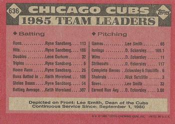 1986 Topps #636 Cubs Leaders Back