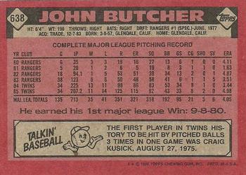 1986 Topps #638 John Butcher Back