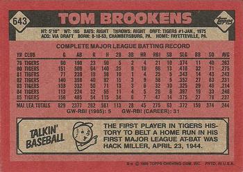 1986 Topps #643 Tom Brookens Back