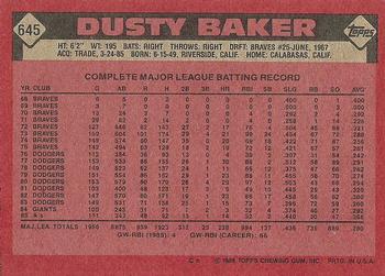 1986 Topps #645 Dusty Baker Back