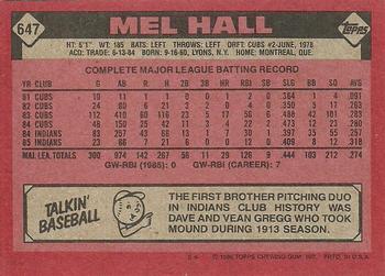1986 Topps #647 Mel Hall Back
