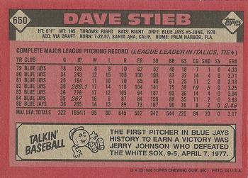 1986 Topps #650 Dave Stieb Back