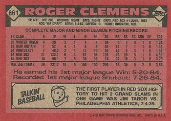 1986 Topps #661 Roger Clemens Back