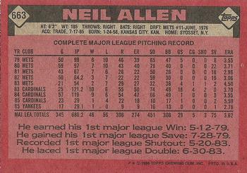 1986 Topps #663 Neil Allen Back