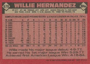 1986 Topps #670 Willie Hernandez Back