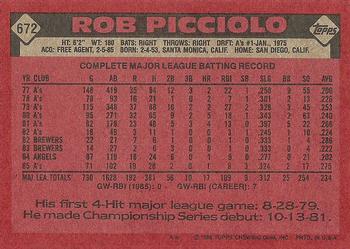 1986 Topps #672 Rob Picciolo Back