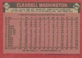 1986 Topps #675 Claudell Washington Back