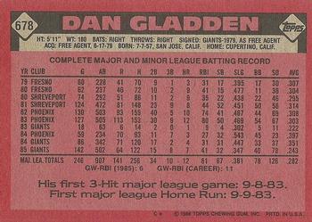 1986 Topps #678 Dan Gladden Back