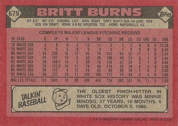 1986 Topps #679 Britt Burns Back