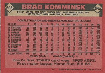 1986 Topps #698 Brad Komminsk Back