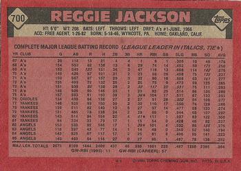 1986 Topps #700 Reggie Jackson Back